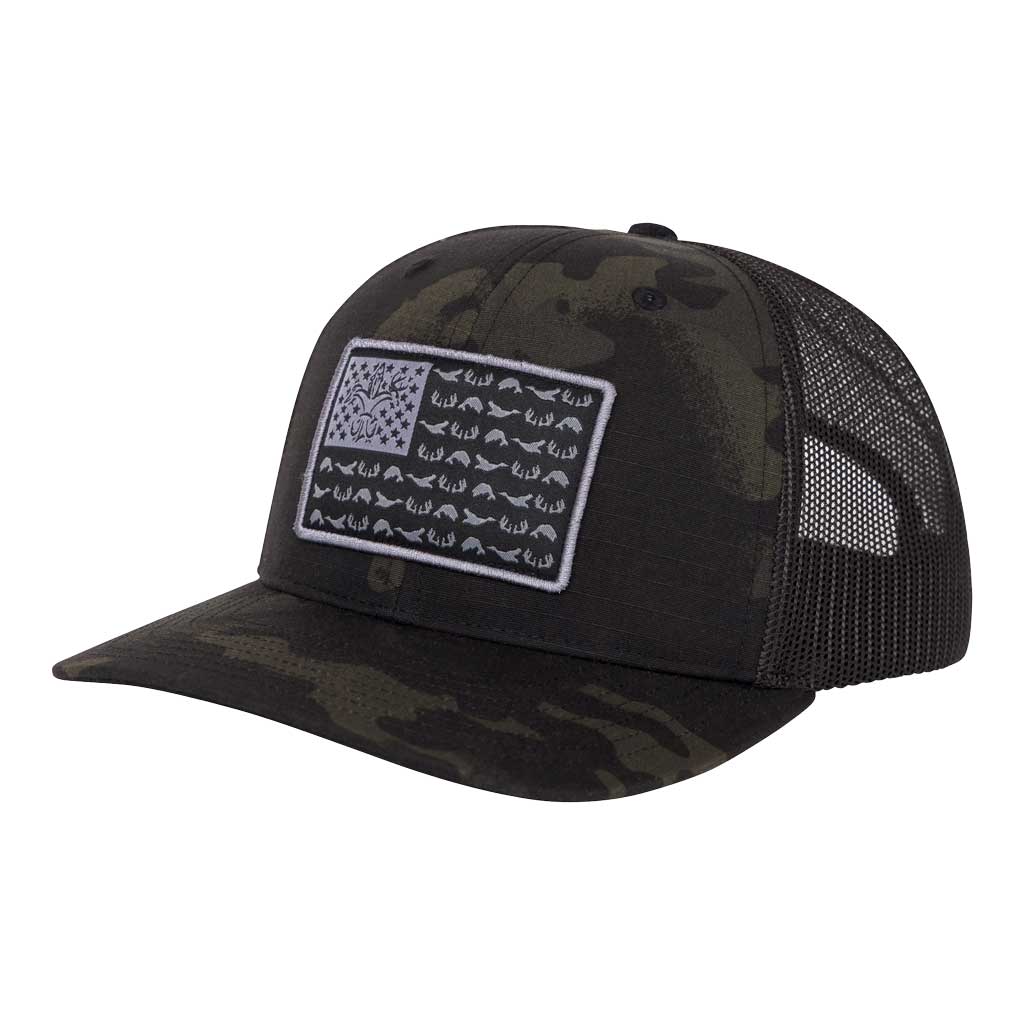 American Flag Snapback Camo Fishing Hat - Multicam Black