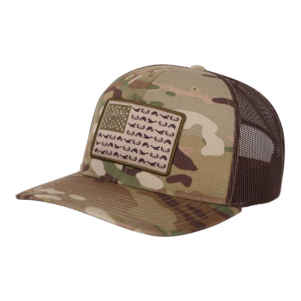 American Flag Snapback Camo Fishing Hat - Multicam Black