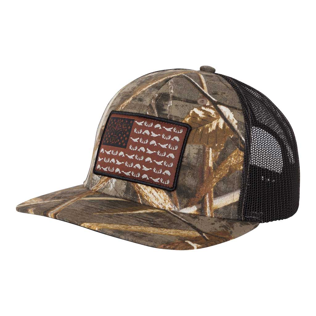 American Flag Snapback Camo Hunting Hat - Realtree Xtra/Blaze