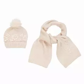 Beige Floral Knit Hat & Scarf