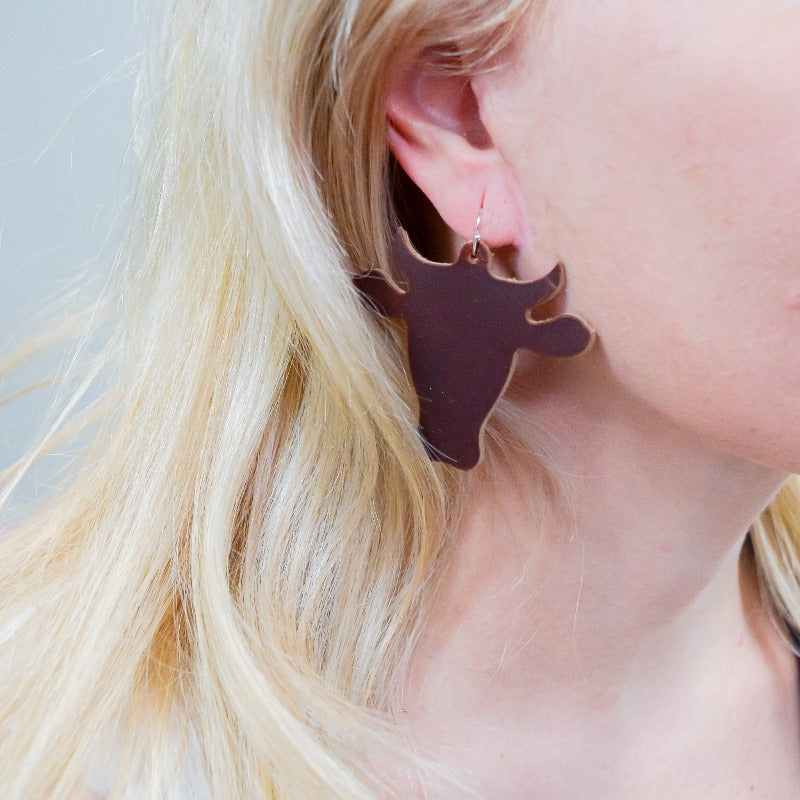 Brown Leather Hank Cow Earrings