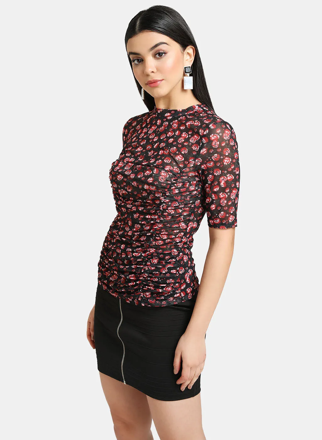 Floral Top With Ruching Detail