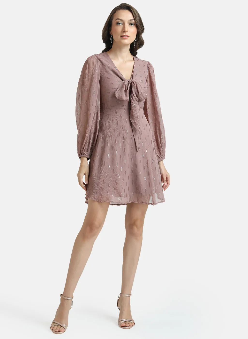 Lurex Dobby Mini Dress With Front Tie-Knot