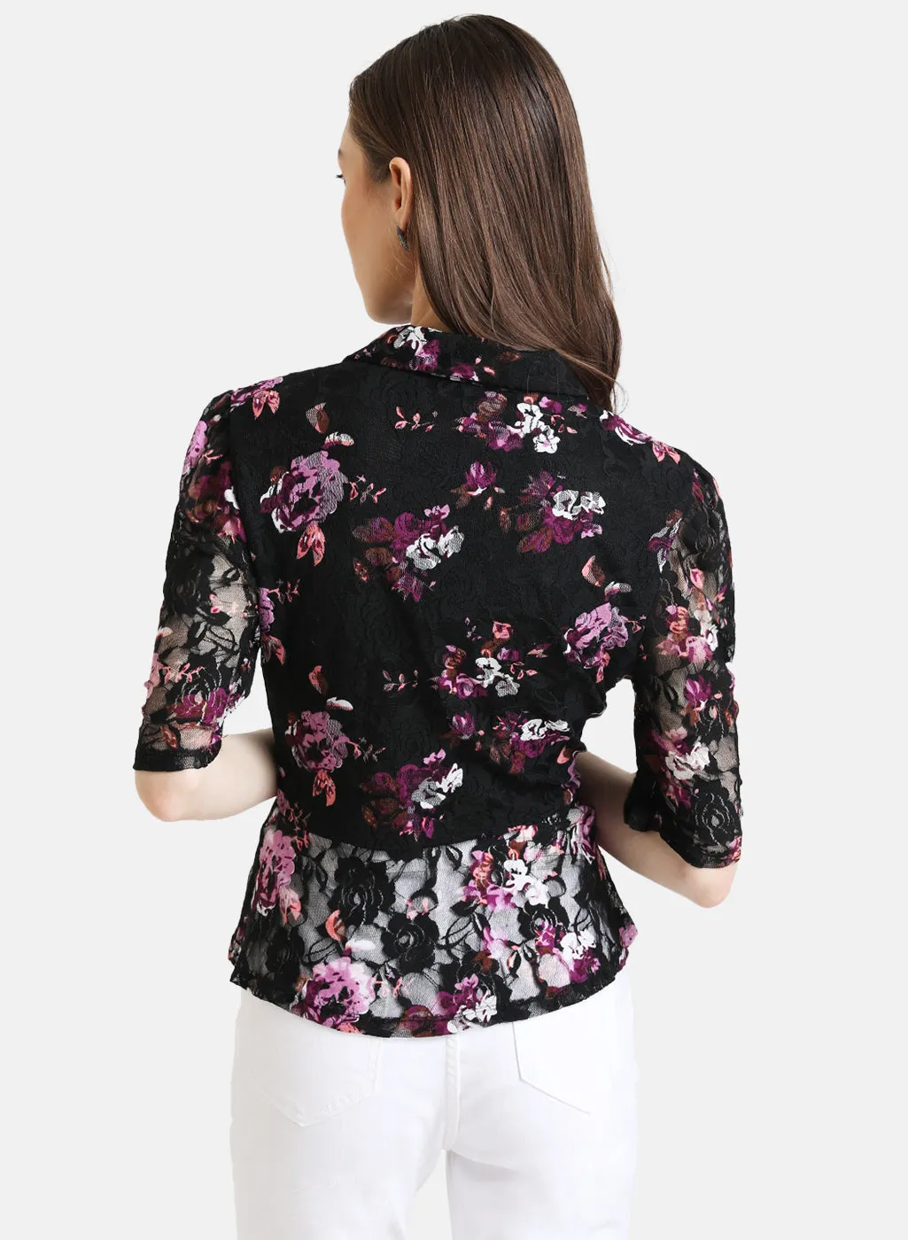 Printed Lace Shirt With Peplum