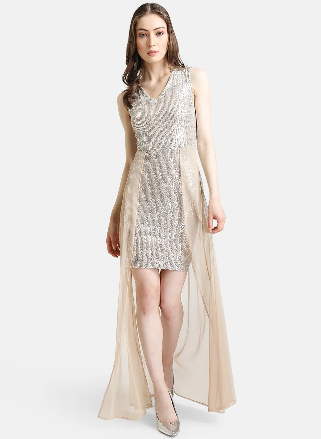 Sequin Maxi Dress With Mesh Overlay