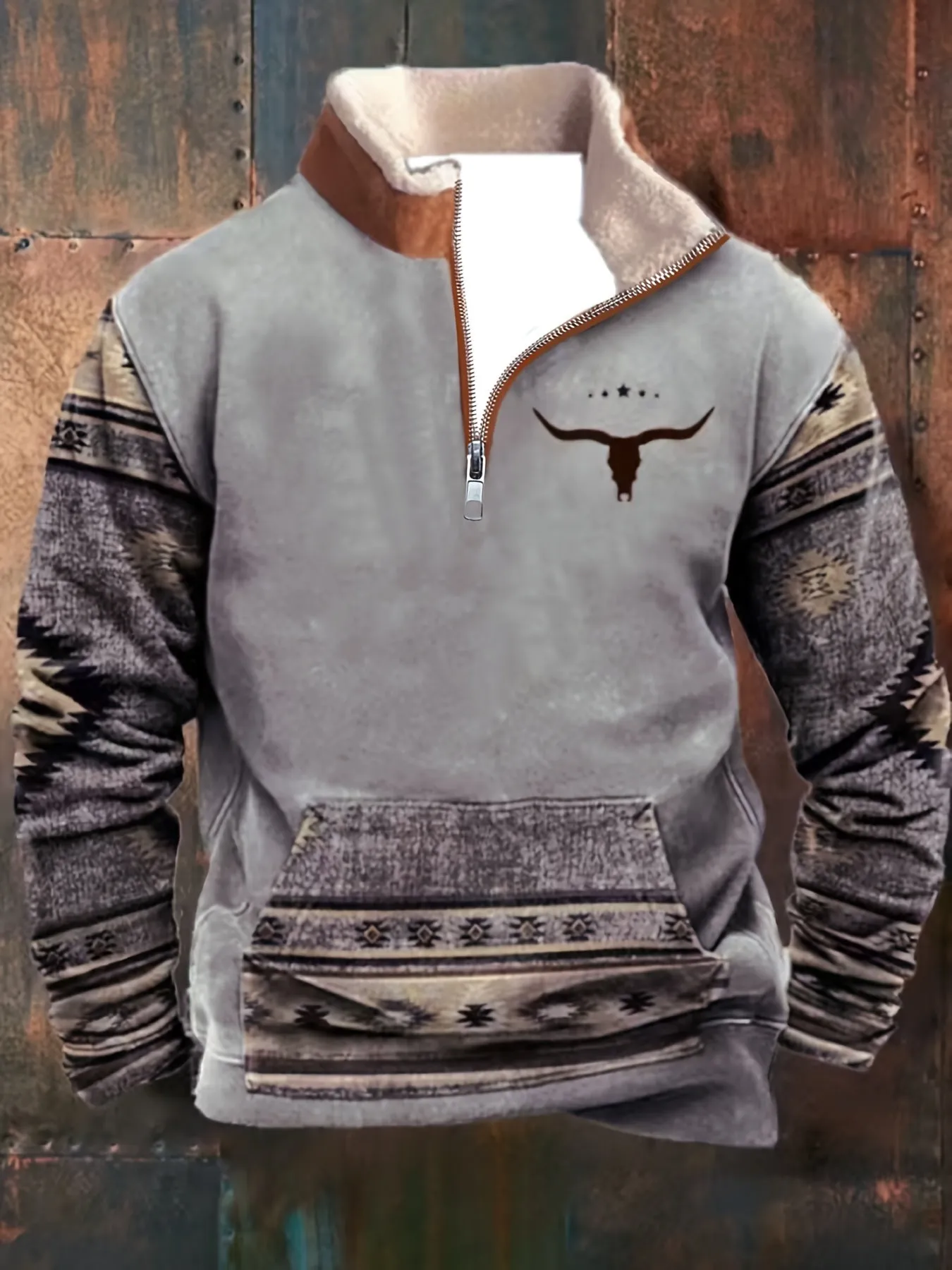 Southwest Style Pattern Men's Retro Casual Plus Fleece Warm Sweatshirt With Zipper And Kangaroo Pocket, Winter Outdoor