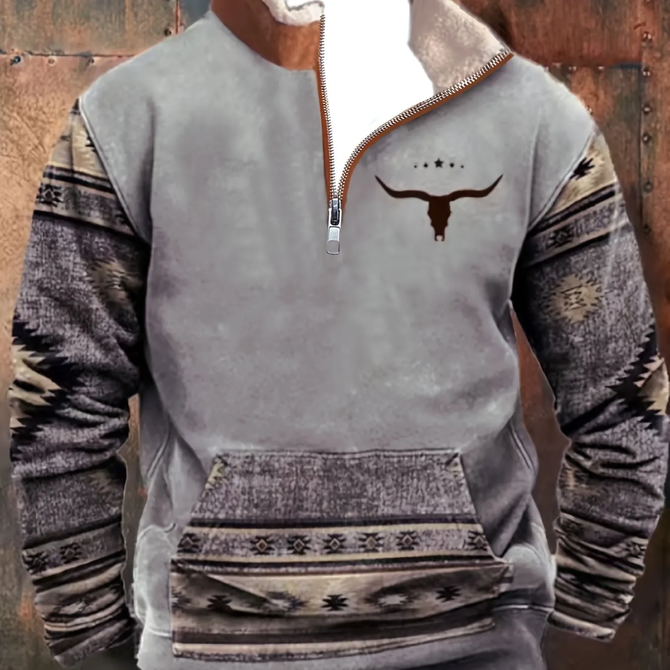 Southwest Style Pattern Men's Retro Casual Plus Fleece Warm Sweatshirt With Zipper And Kangaroo Pocket, Winter Outdoor