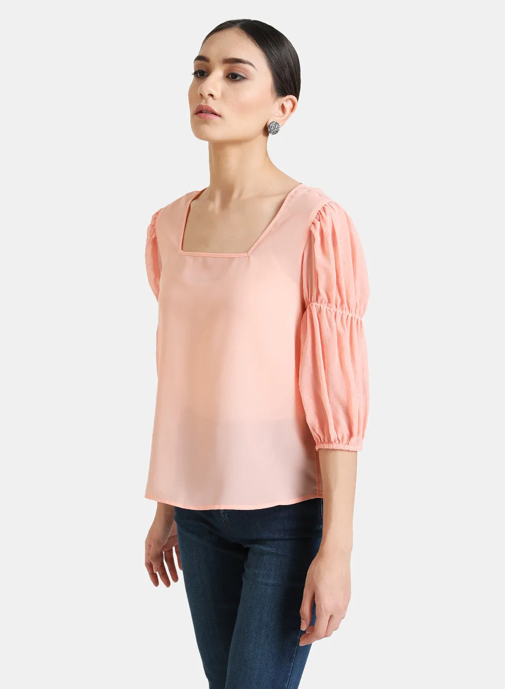 Square Neck Top With Puff Sleeves