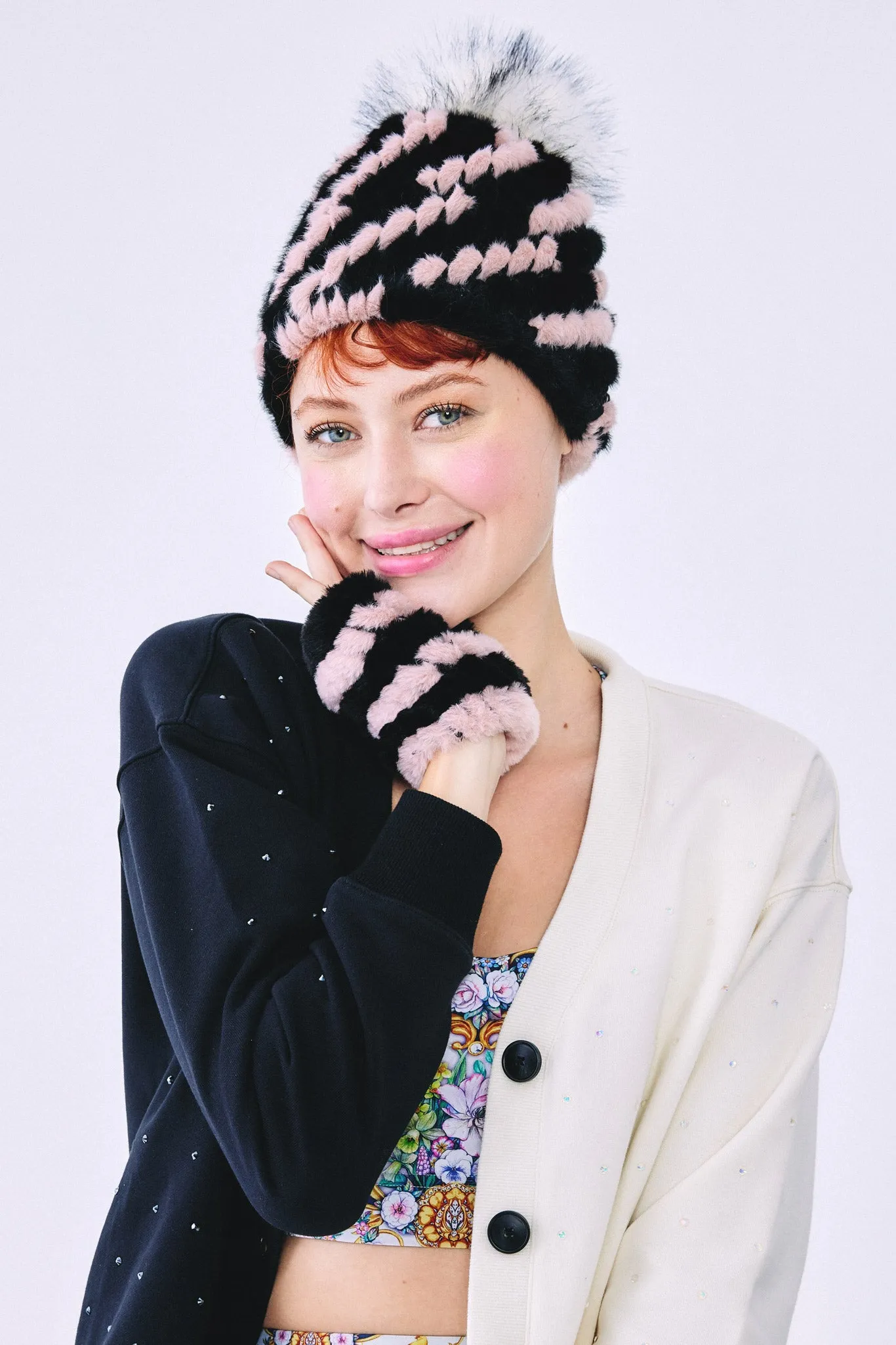 Terez X Jocelyn Faux Fur Stripe Mittens in Black and Pink