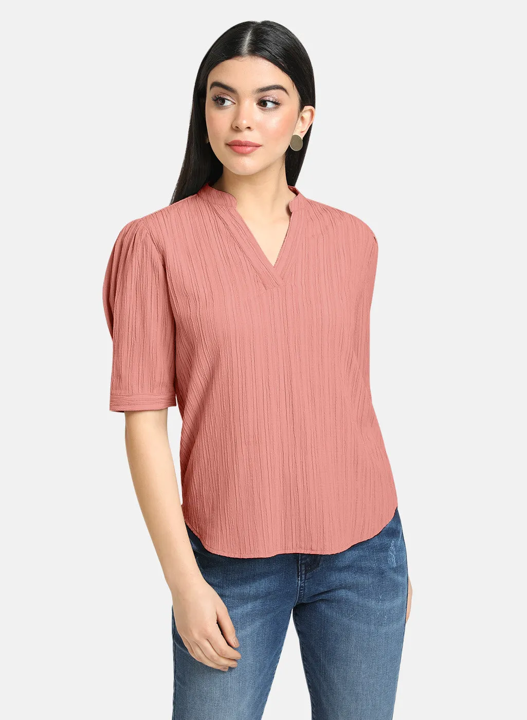 Textured V Neck Band Collar Top