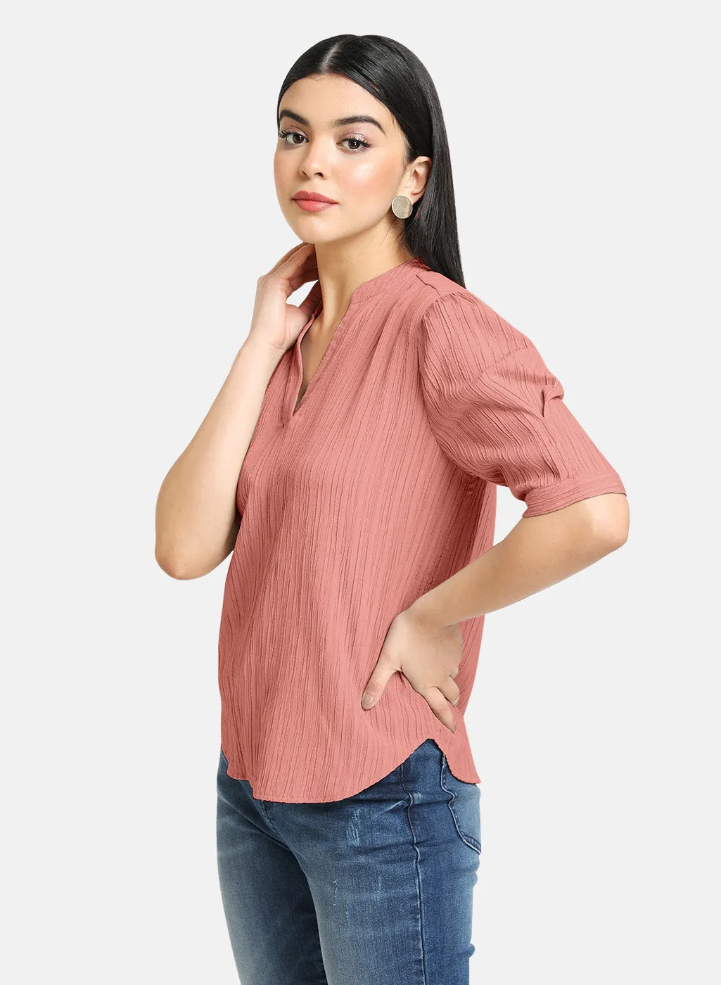 Textured V Neck Band Collar Top