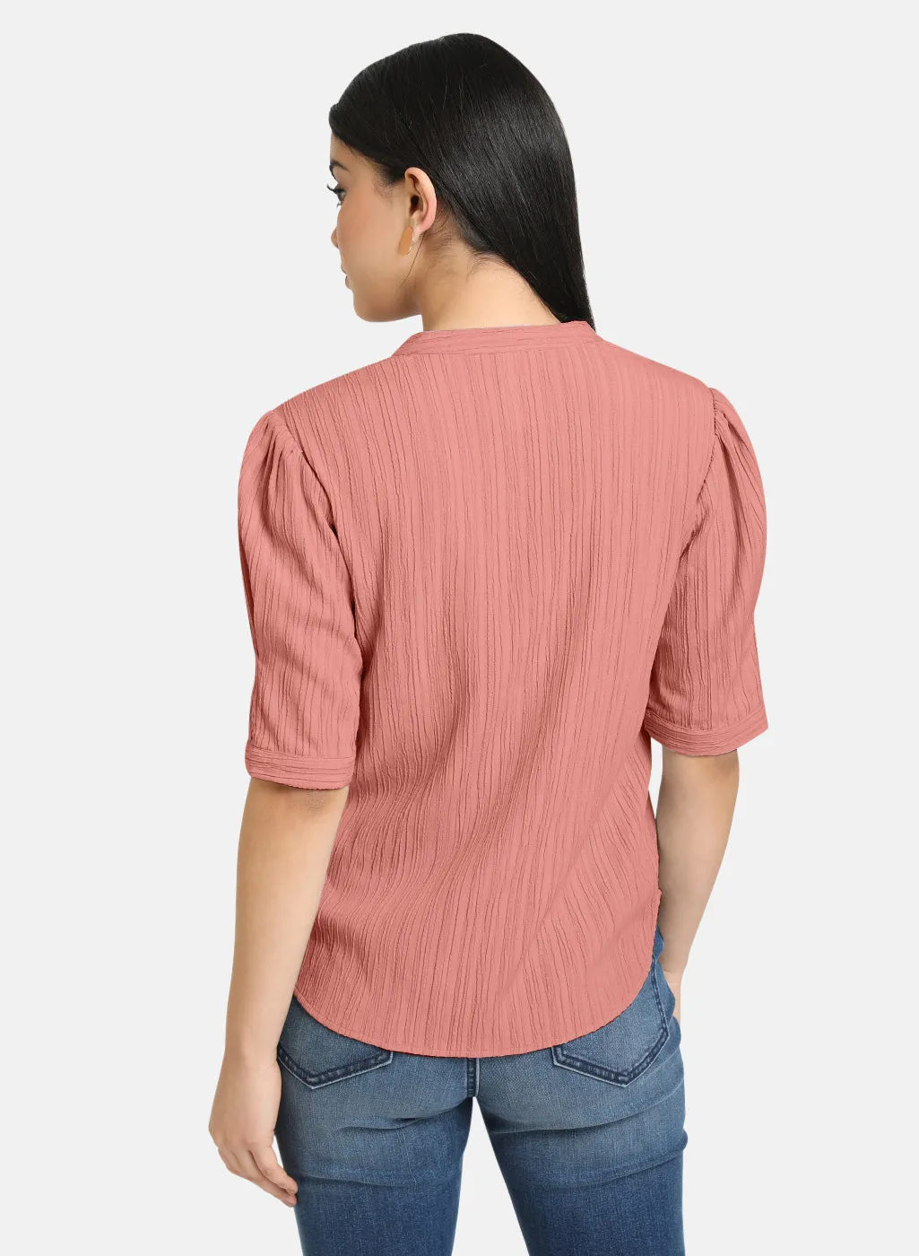 Textured V Neck Band Collar Top