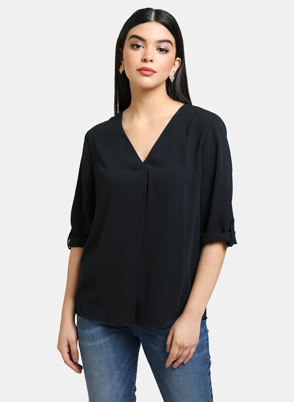 Top With Turn Up Sleeve And Box Pleat Detail