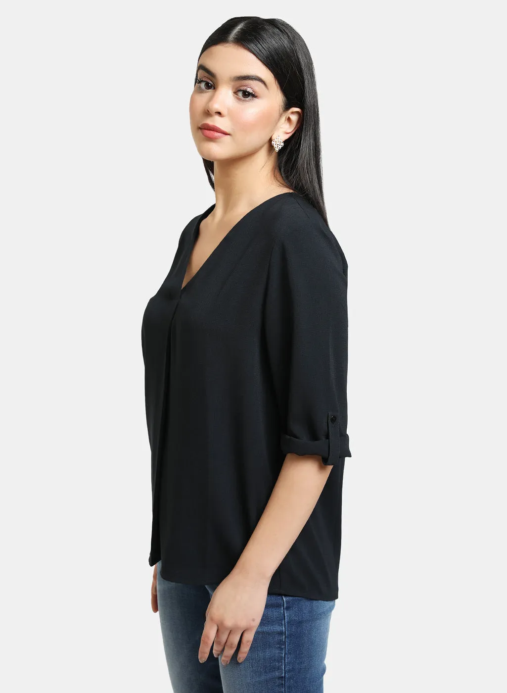 Top With Turn Up Sleeve And Box Pleat Detail