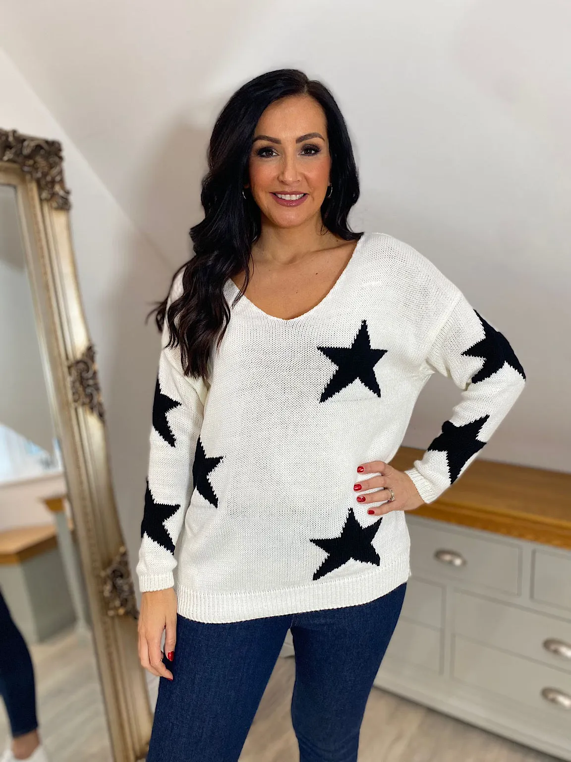 Winter White Star V Neck Jumper Brenda