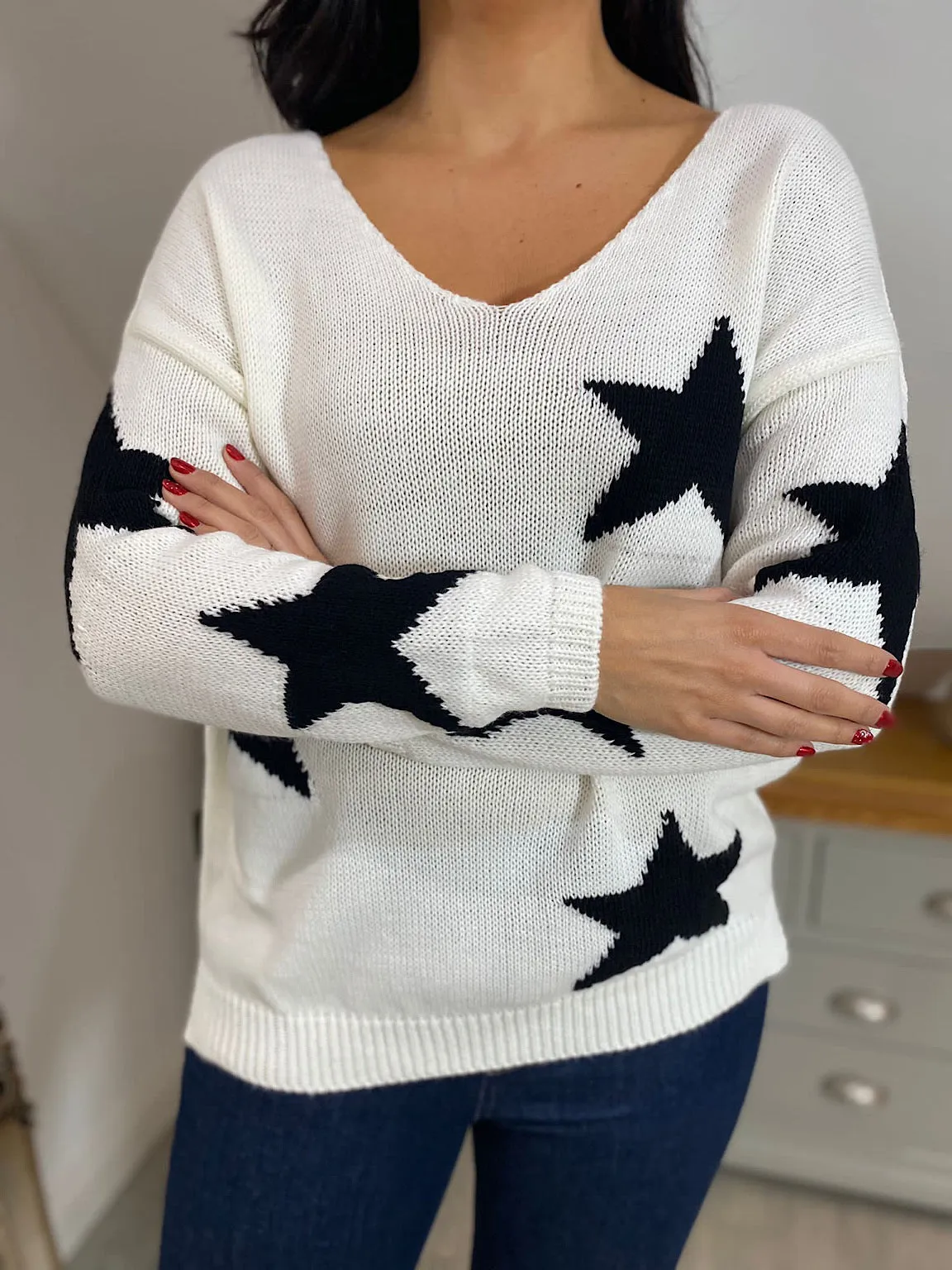 Winter White Star V Neck Jumper Brenda