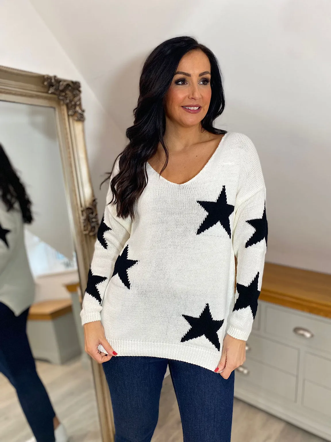 Winter White Star V Neck Jumper Brenda