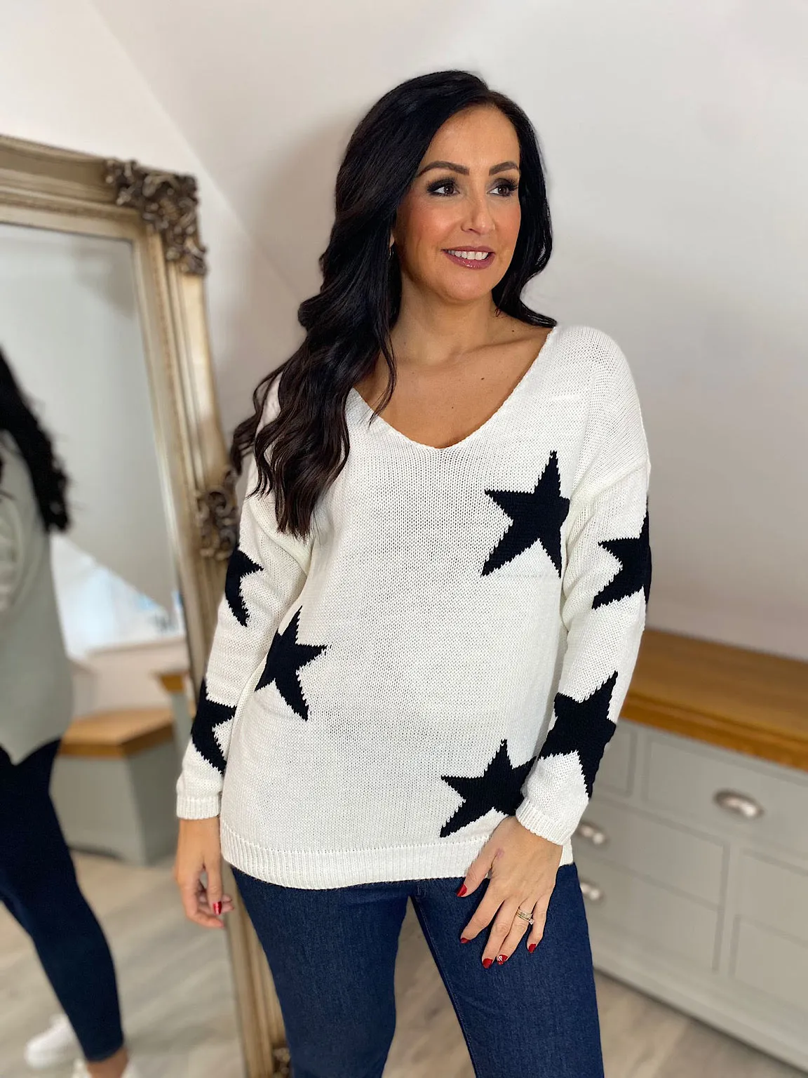 Winter White Star V Neck Jumper Brenda