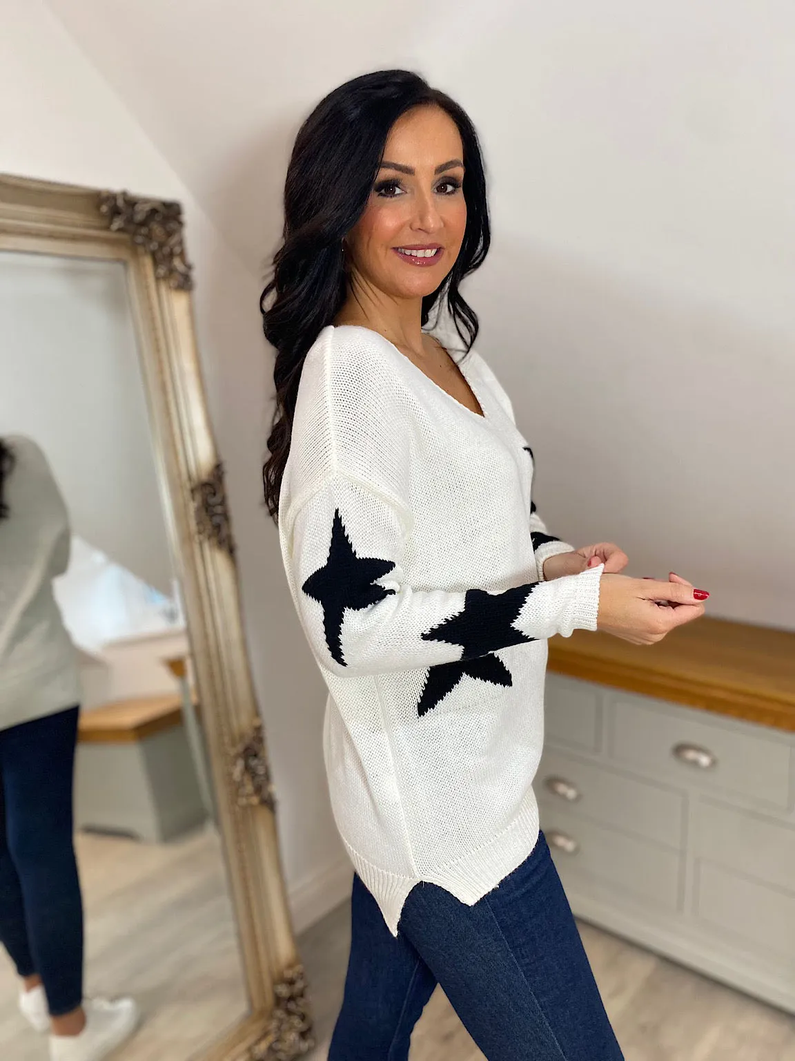 Winter White Star V Neck Jumper Brenda