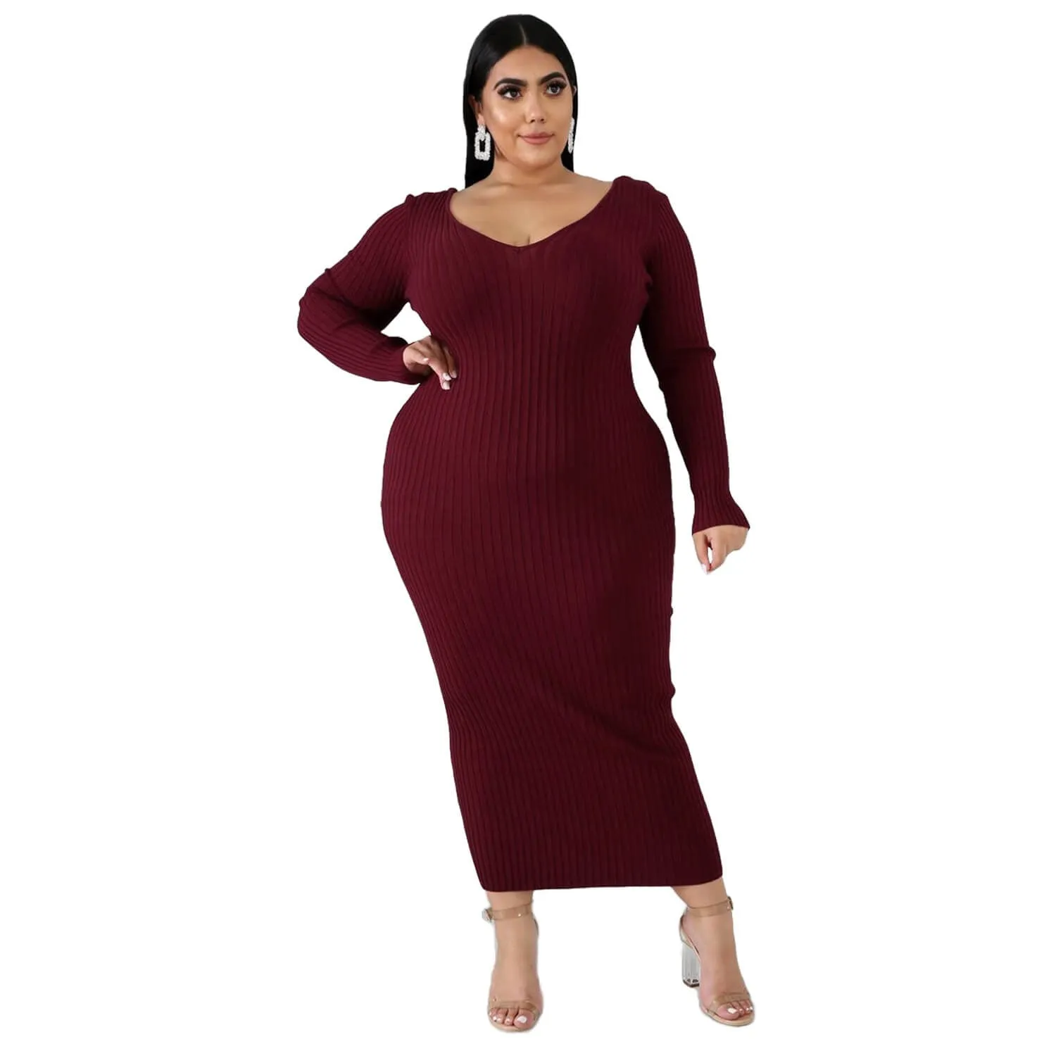 Women Plus Size Solid Color Long Sleeve Rib Pit Stripe Knitted Cotton Dress