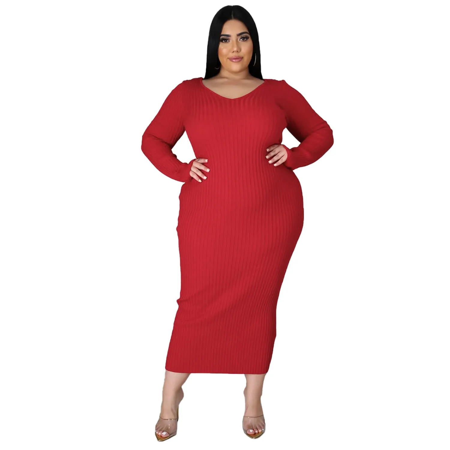 Women Plus Size Solid Color Long Sleeve Rib Pit Stripe Knitted Cotton Dress