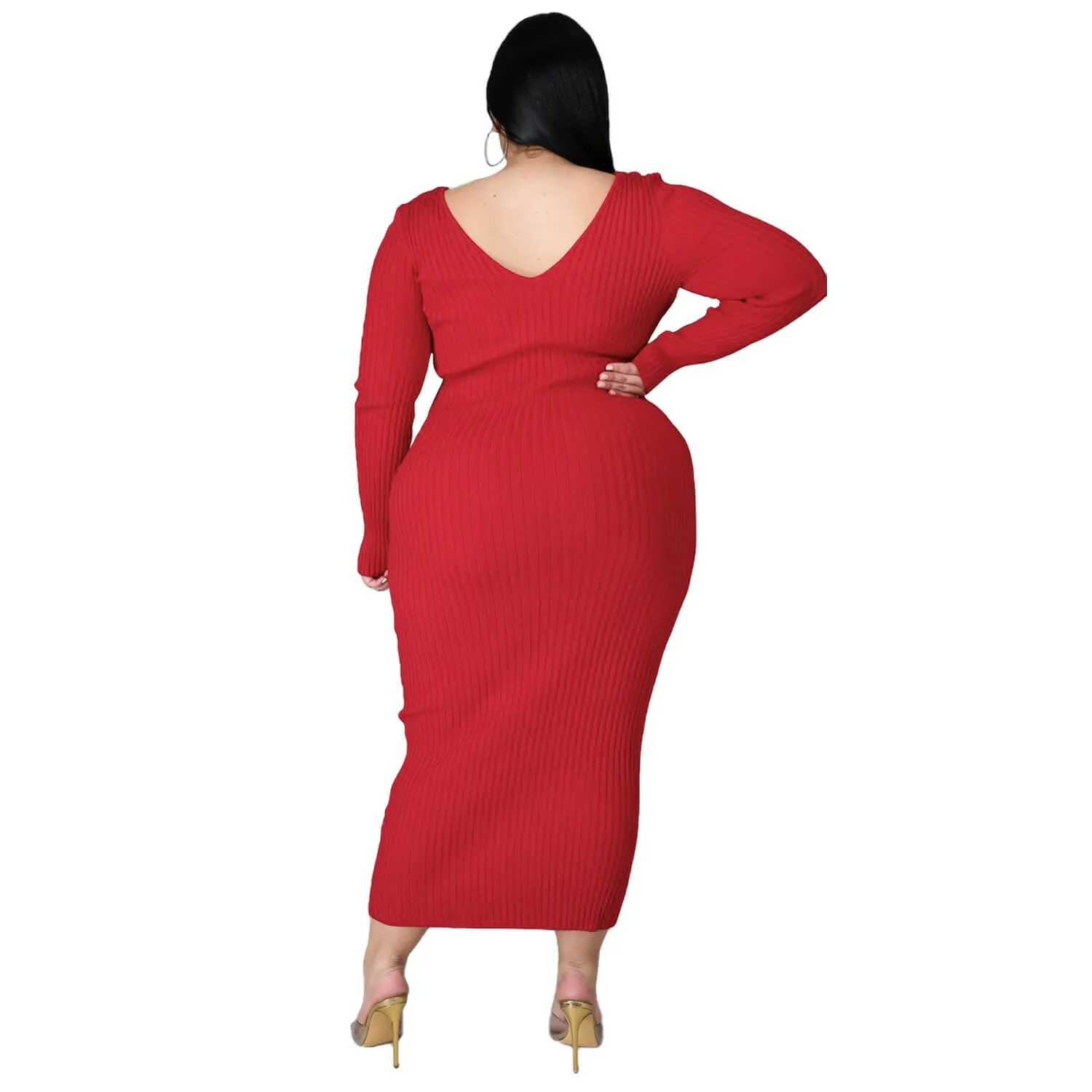 Women Plus Size Solid Color Long Sleeve Rib Pit Stripe Knitted Cotton Dress