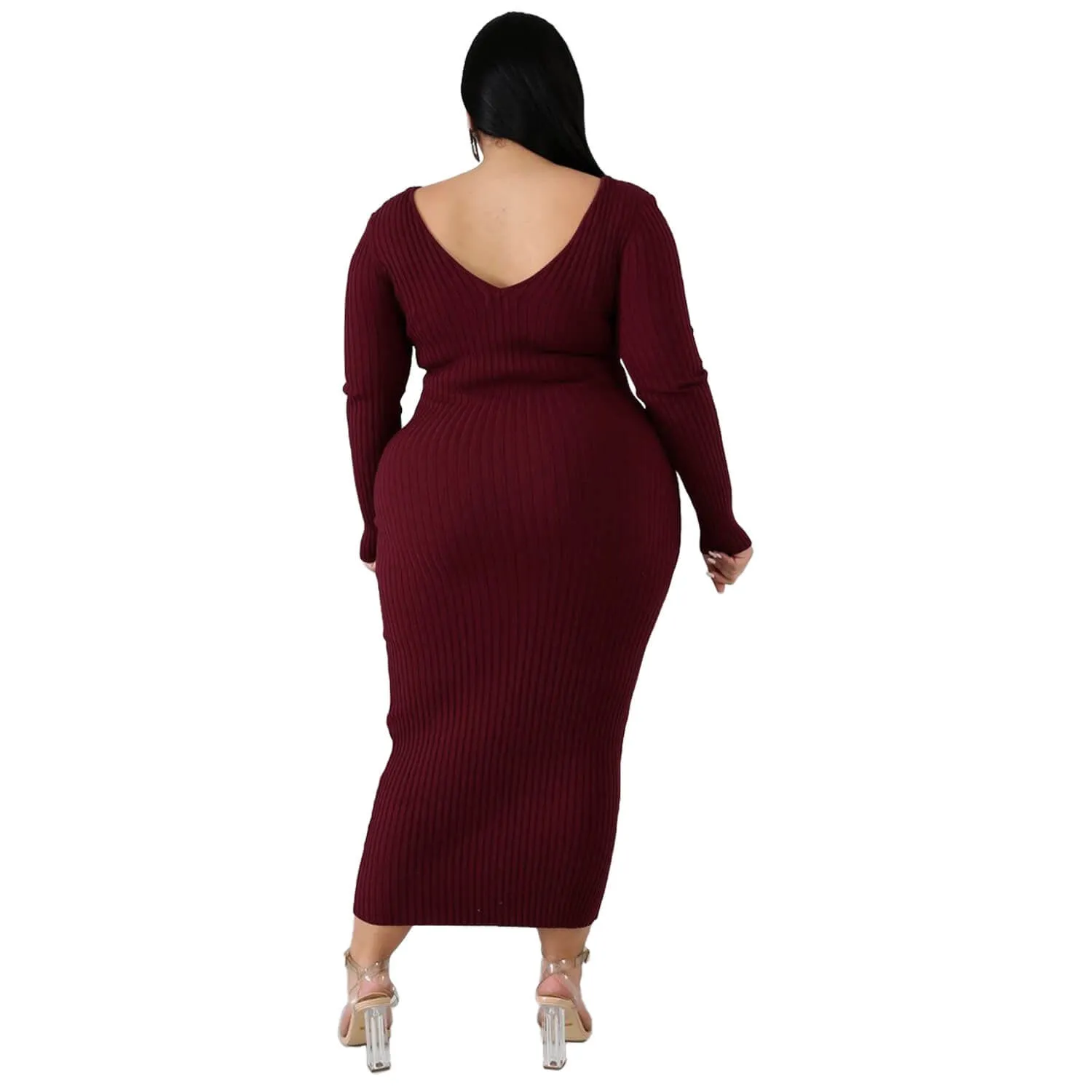 Women Plus Size Solid Color Long Sleeve Rib Pit Stripe Knitted Cotton Dress