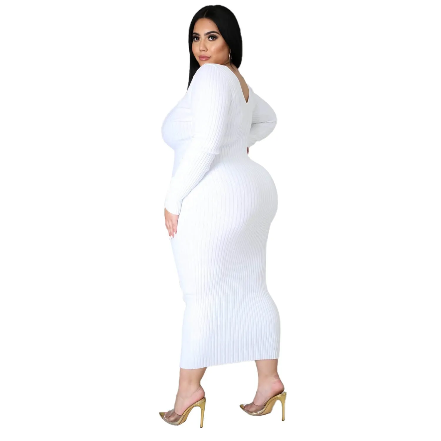 Women Plus Size Solid Color Long Sleeve Rib Pit Stripe Knitted Cotton Dress