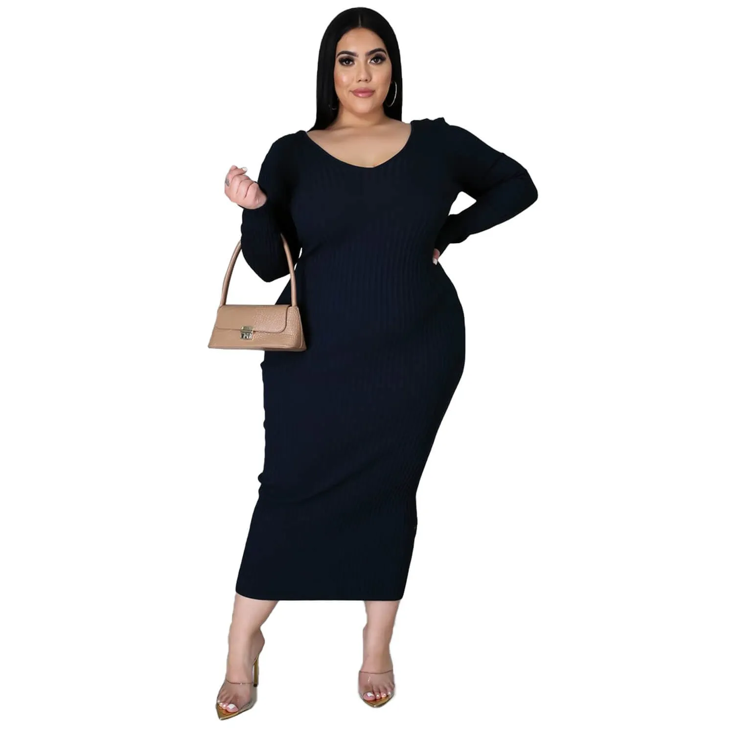 Women Plus Size Solid Color Long Sleeve Rib Pit Stripe Knitted Cotton Dress