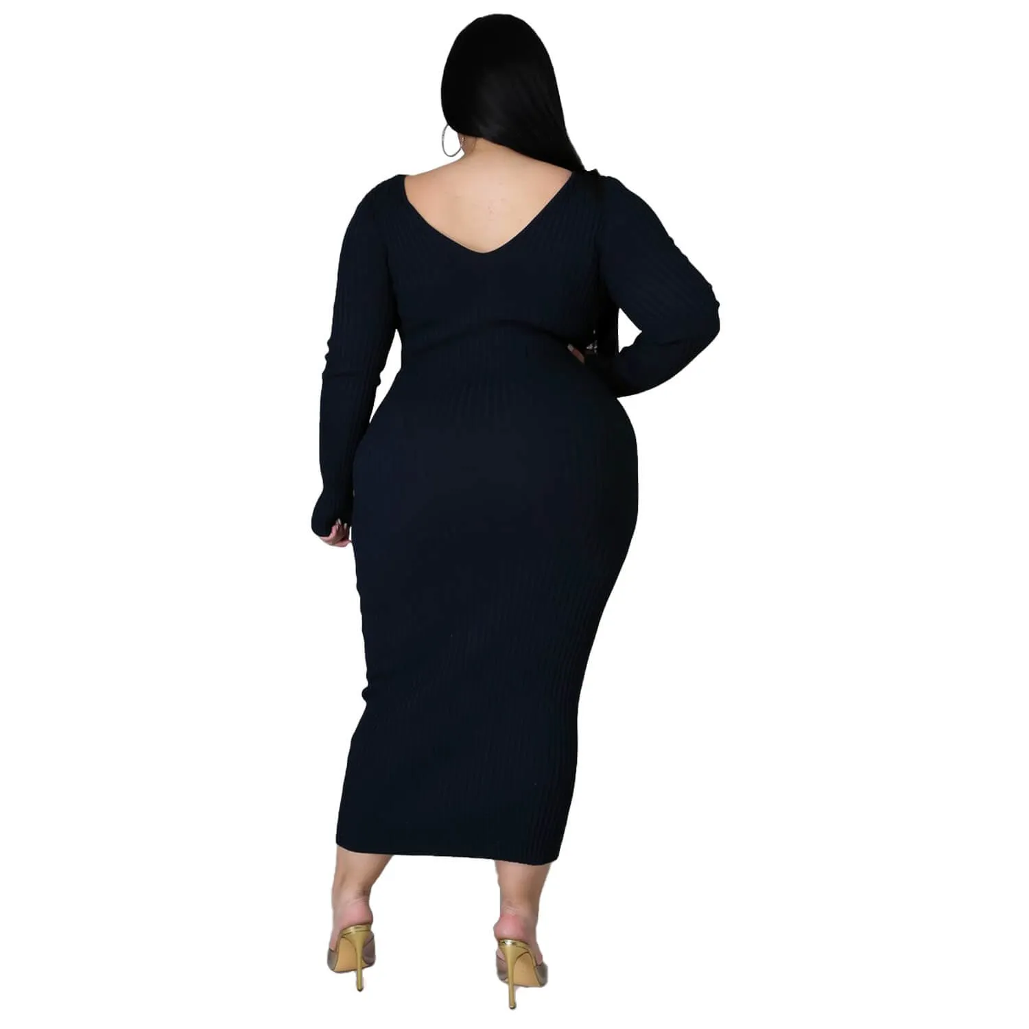 Women Plus Size Solid Color Long Sleeve Rib Pit Stripe Knitted Cotton Dress