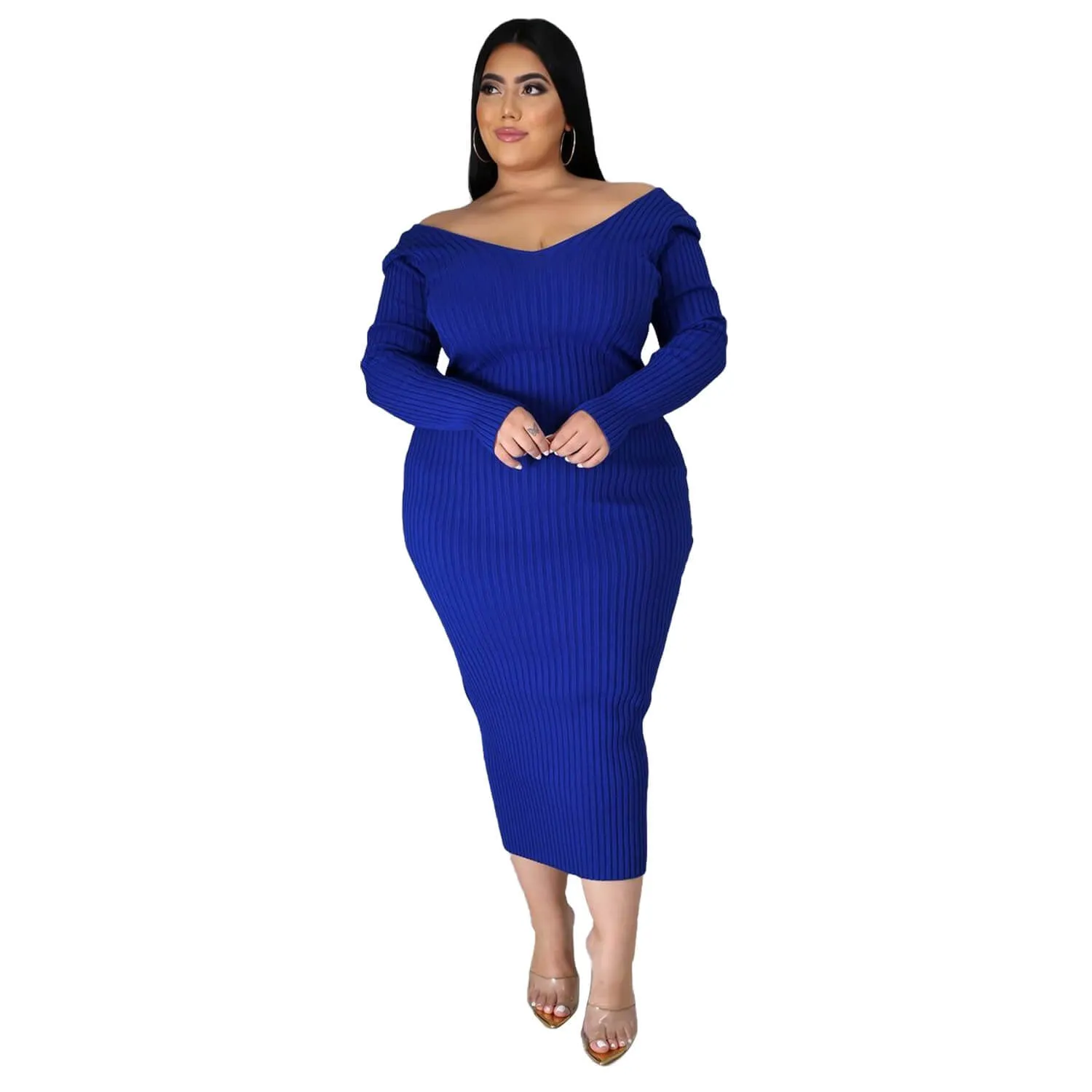 Women Plus Size Solid Color Long Sleeve Rib Pit Stripe Knitted Cotton Dress