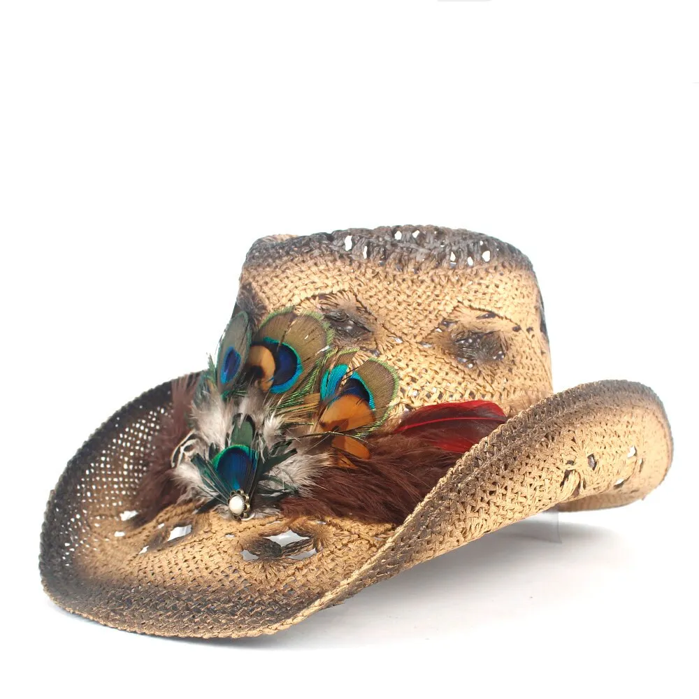 Women Straw Hollow Western Cowboy Hat Lady Handmade Peacock Feather Sombrero Hombre Beach Cowgirl Jazz Sun Hat Size 56-58CM